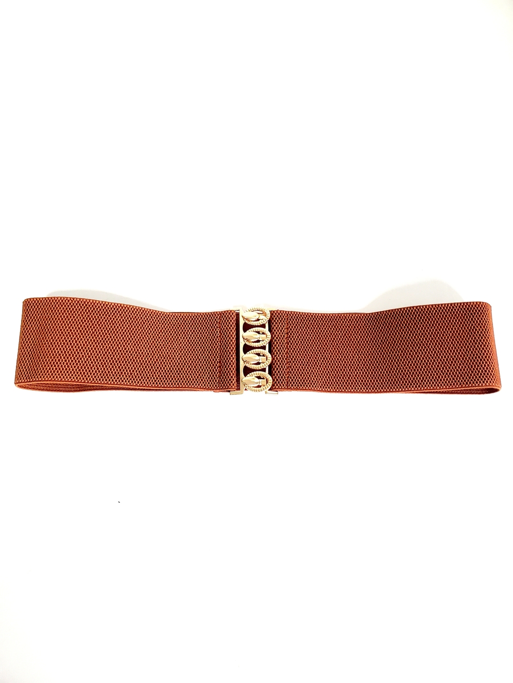 Brown Elastic Mesh Waist Belt with Gold Chain Clasp